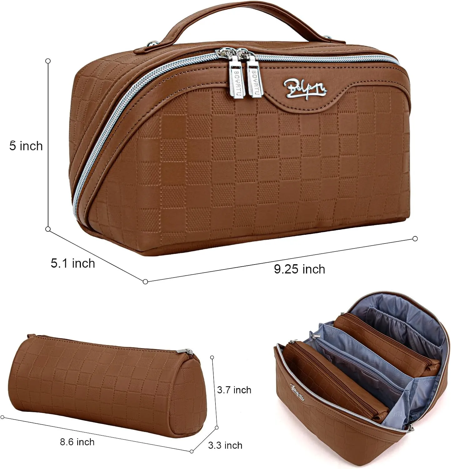 BOYATU Travel Makeup Bag Organizer Cosmetic Bag: 3 Pcs Set Make up Bags for Women with Handle - Waterproof Vegan Leather Toiletry Bags with Comparments (C-03-Brown)