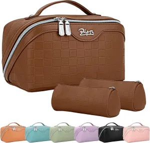 BOYATU Travel Makeup Bag Organizer Cosmetic Bag: 3 Pcs Set Make up Bags for Women with Handle - Waterproof Vegan Leather Toiletry Bags with Comparments (C-03-Brown)