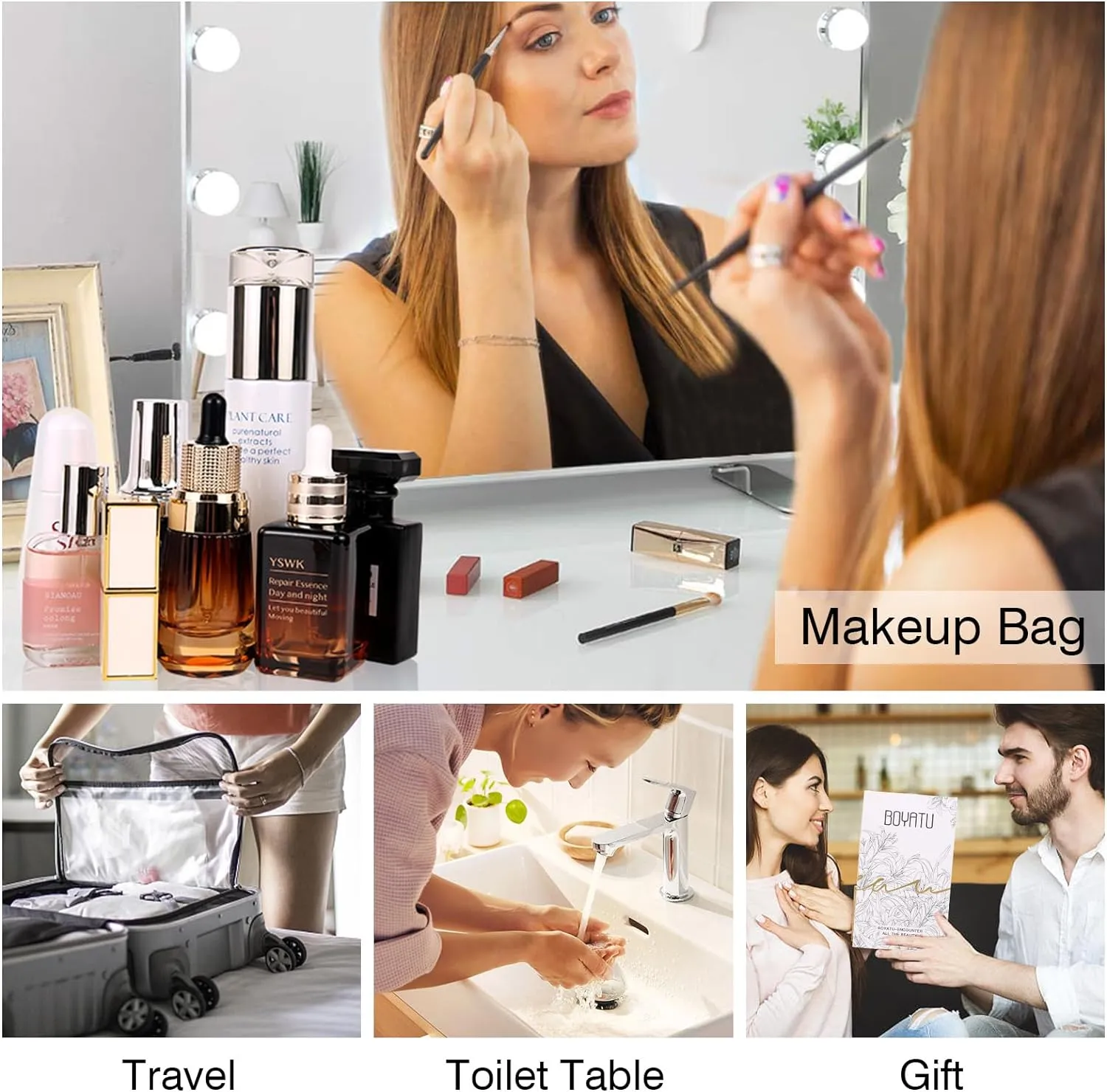 BOYATU Travel Makeup Bag Organizer Cosmetic Bag: 3 Pcs Set Make up Bags for Women with Handle - Waterproof Vegan Leather Toiletry Bags with Comparments (C-03-Brown)