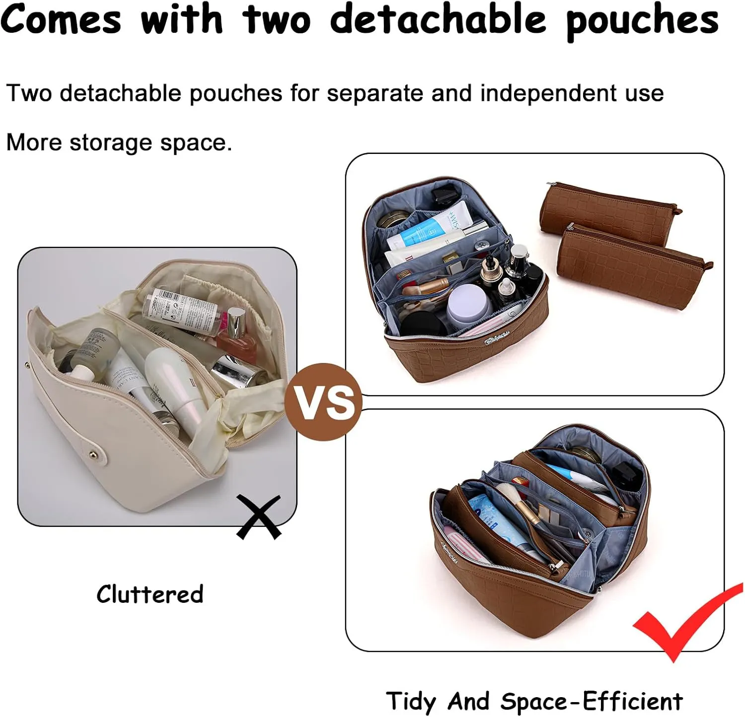 BOYATU Travel Makeup Bag Organizer Cosmetic Bag: 3 Pcs Set Make up Bags for Women with Handle - Waterproof Vegan Leather Toiletry Bags with Comparments (C-03-Brown)