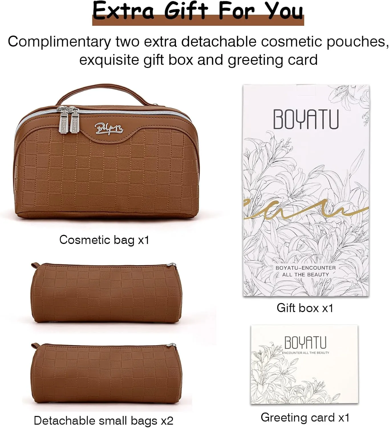 BOYATU Travel Makeup Bag Organizer Cosmetic Bag: 3 Pcs Set Make up Bags for Women with Handle - Waterproof Vegan Leather Toiletry Bags with Comparments (C-03-Brown)
