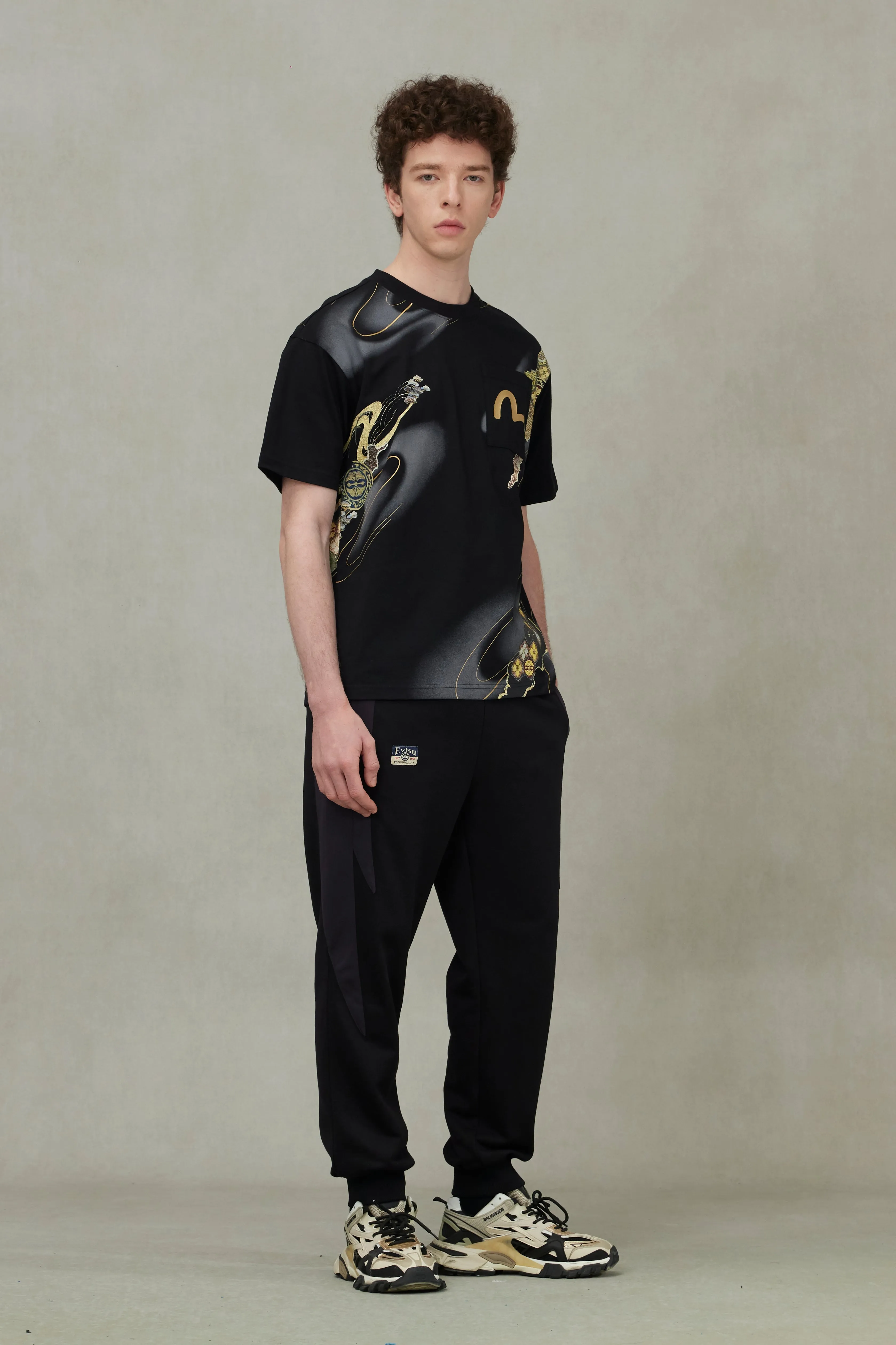 Brocade Kamon and Allover Print Relax Fit T-Shirt
