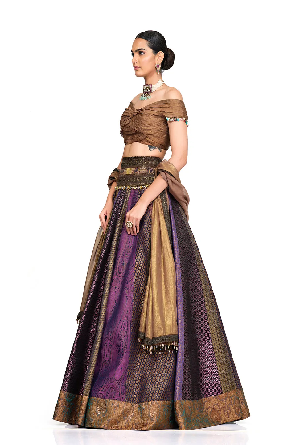 Brocade Lehenga with Off shoulder Organza Blouse