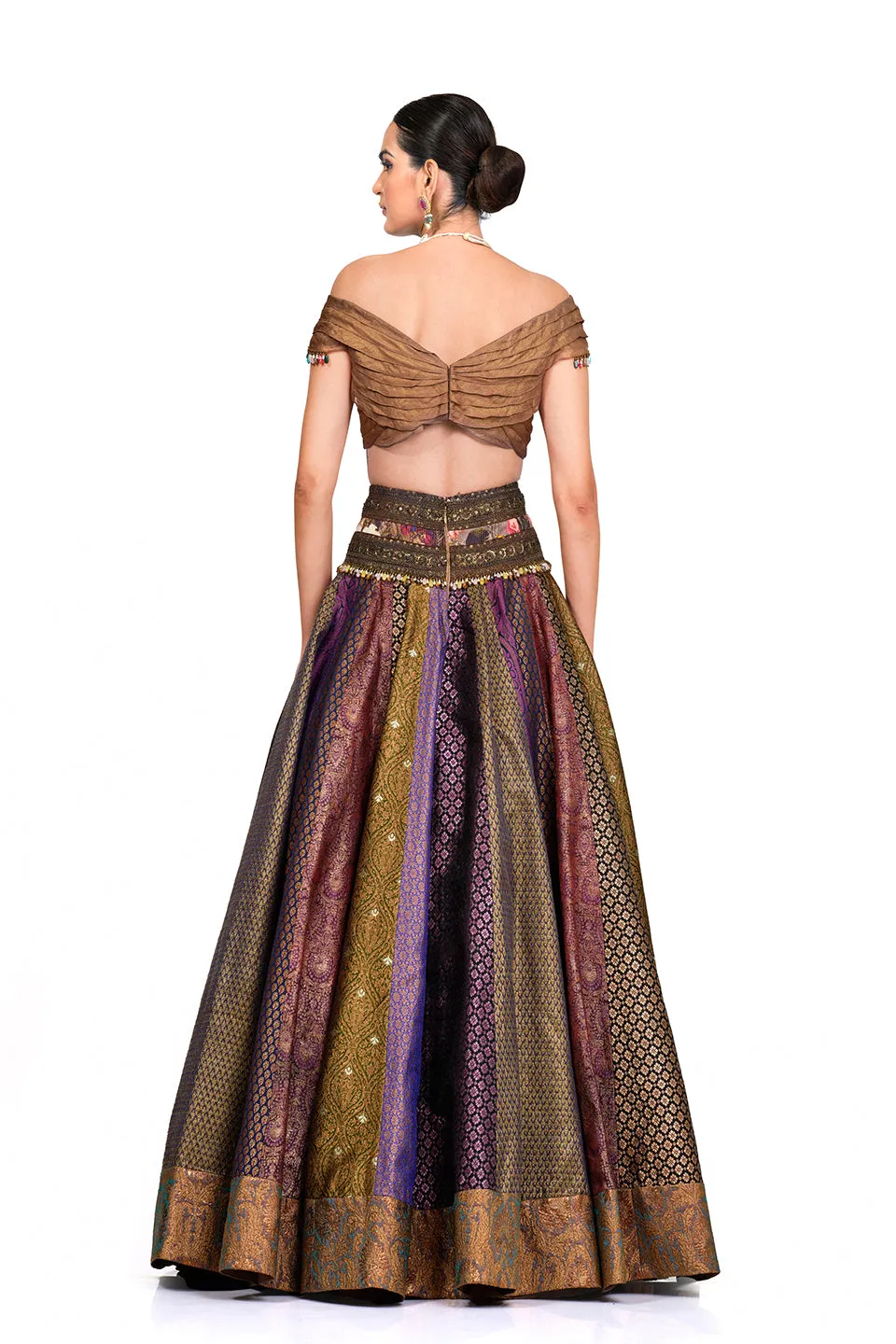 Brocade Lehenga with Off shoulder Organza Blouse