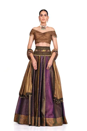 Brocade Lehenga with Off shoulder Organza Blouse