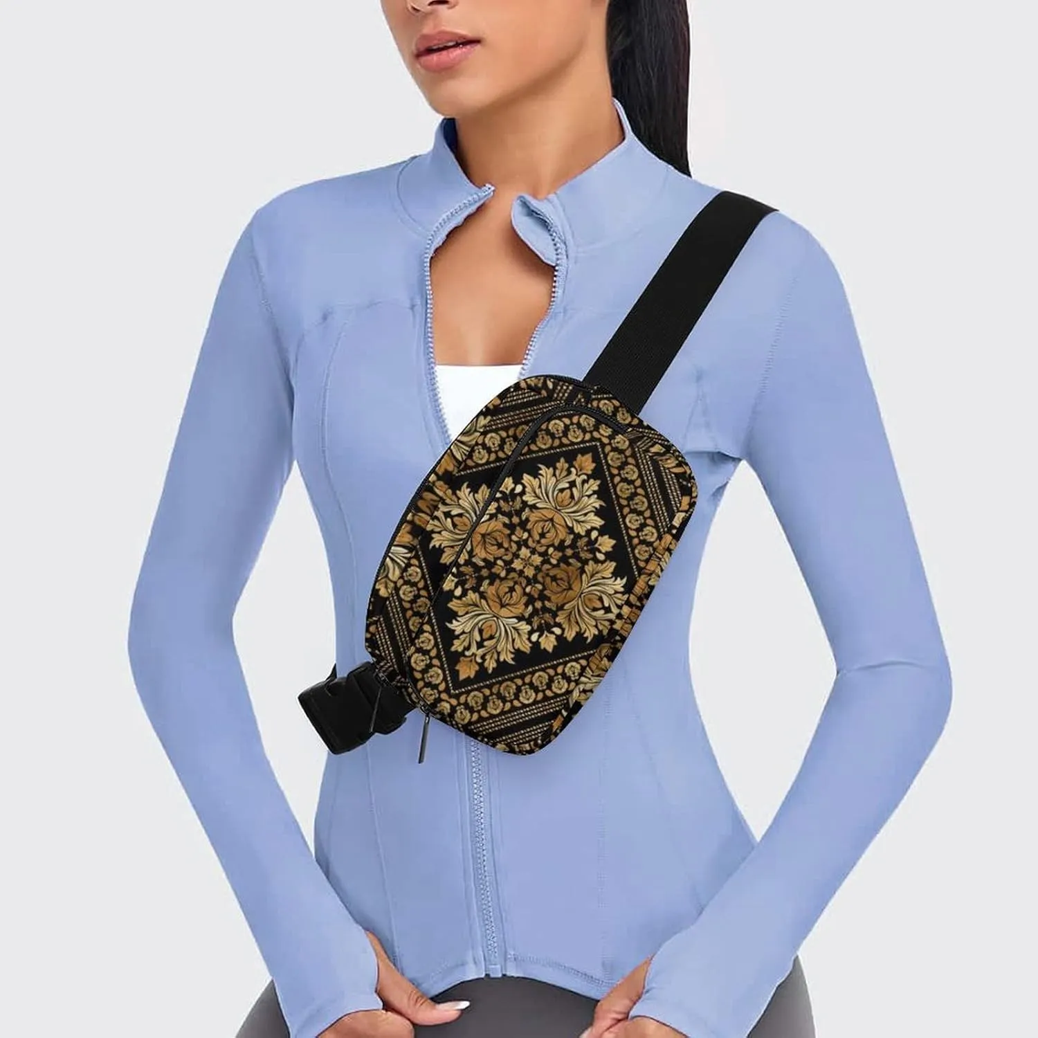 Brocade Pattern in Black And Gold Large Capacity Portable All Print Waist Bag