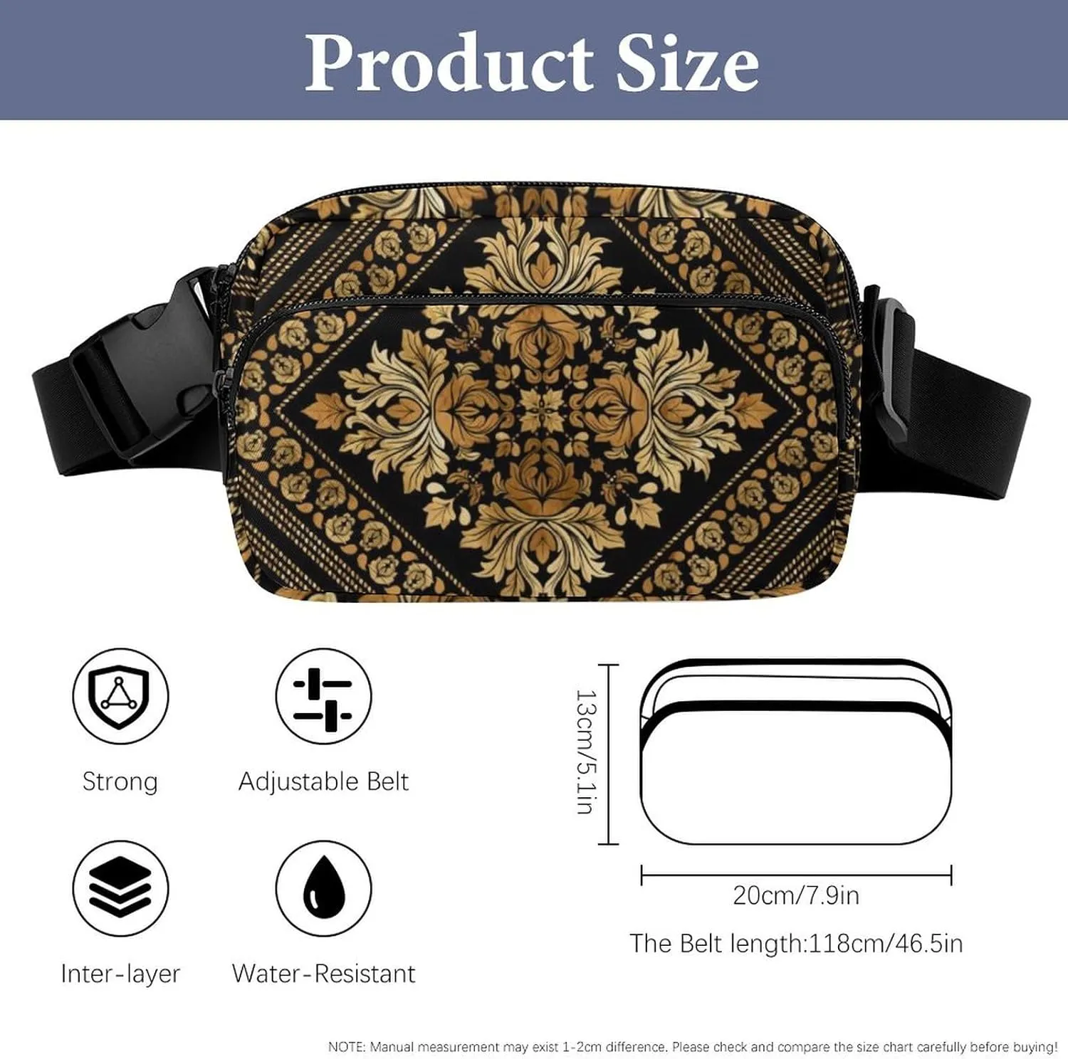 Brocade Pattern in Black And Gold Large Capacity Portable All Print Waist Bag
