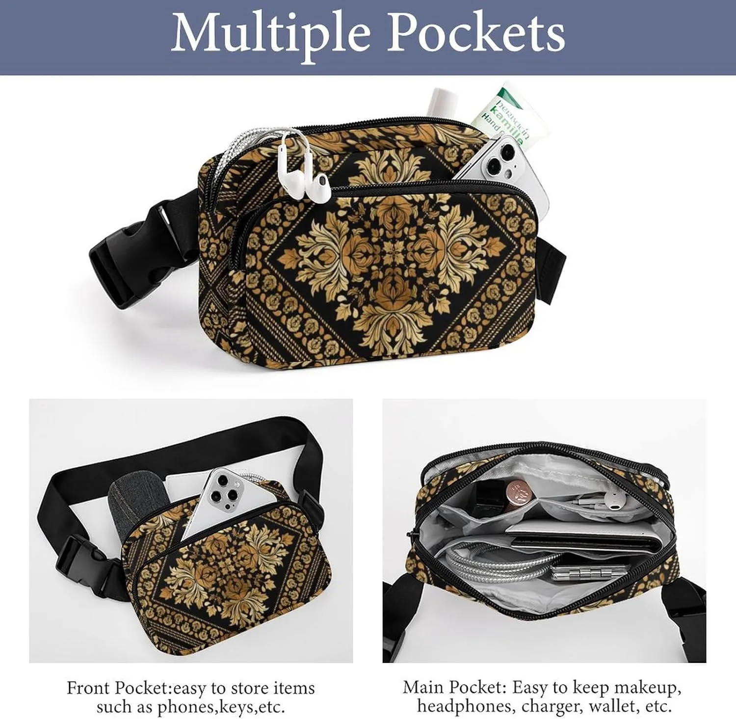 Brocade Pattern in Black And Gold Large Capacity Portable All Print Waist Bag