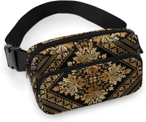 Brocade Pattern in Black And Gold Large Capacity Portable All Print Waist Bag