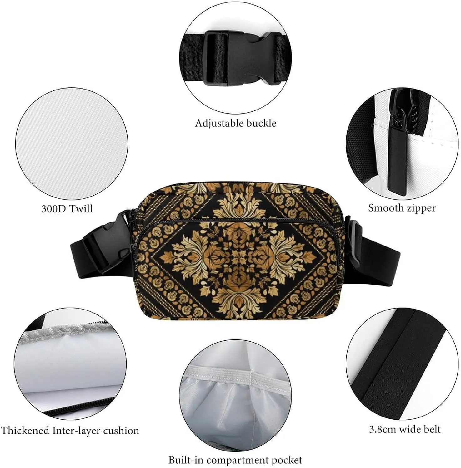 Brocade Pattern in Black And Gold Large Capacity Portable All Print Waist Bag