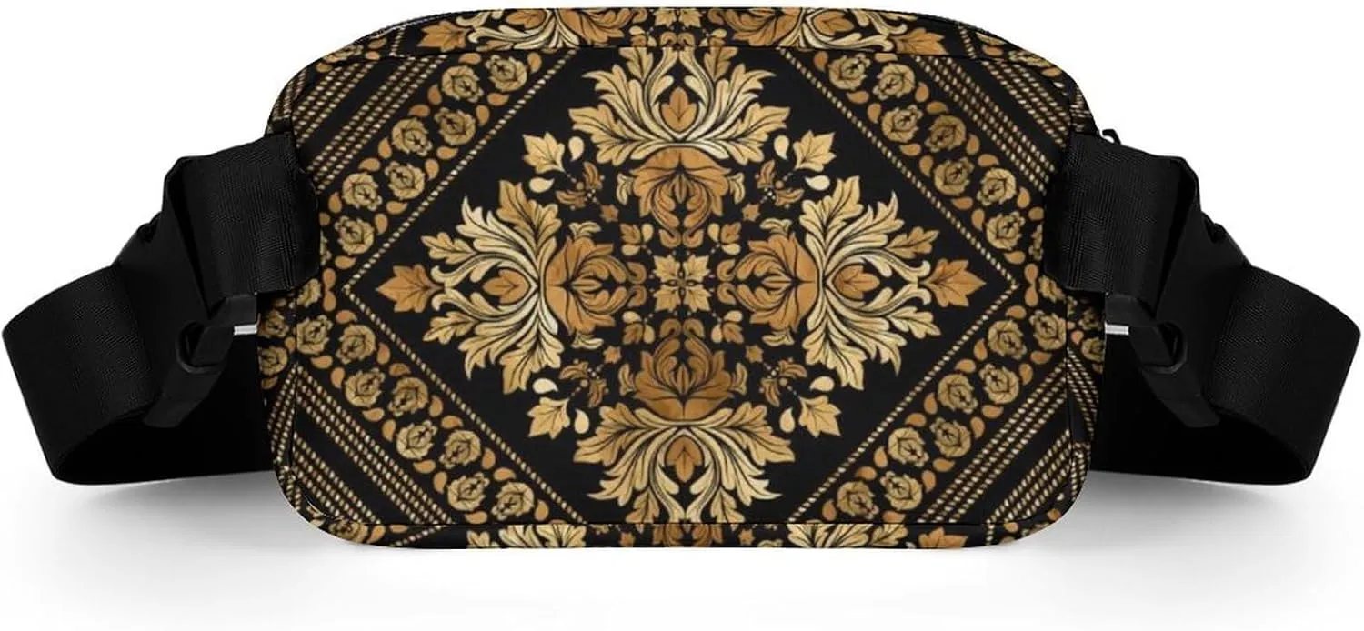 Brocade Pattern in Black And Gold Large Capacity Portable All Print Waist Bag