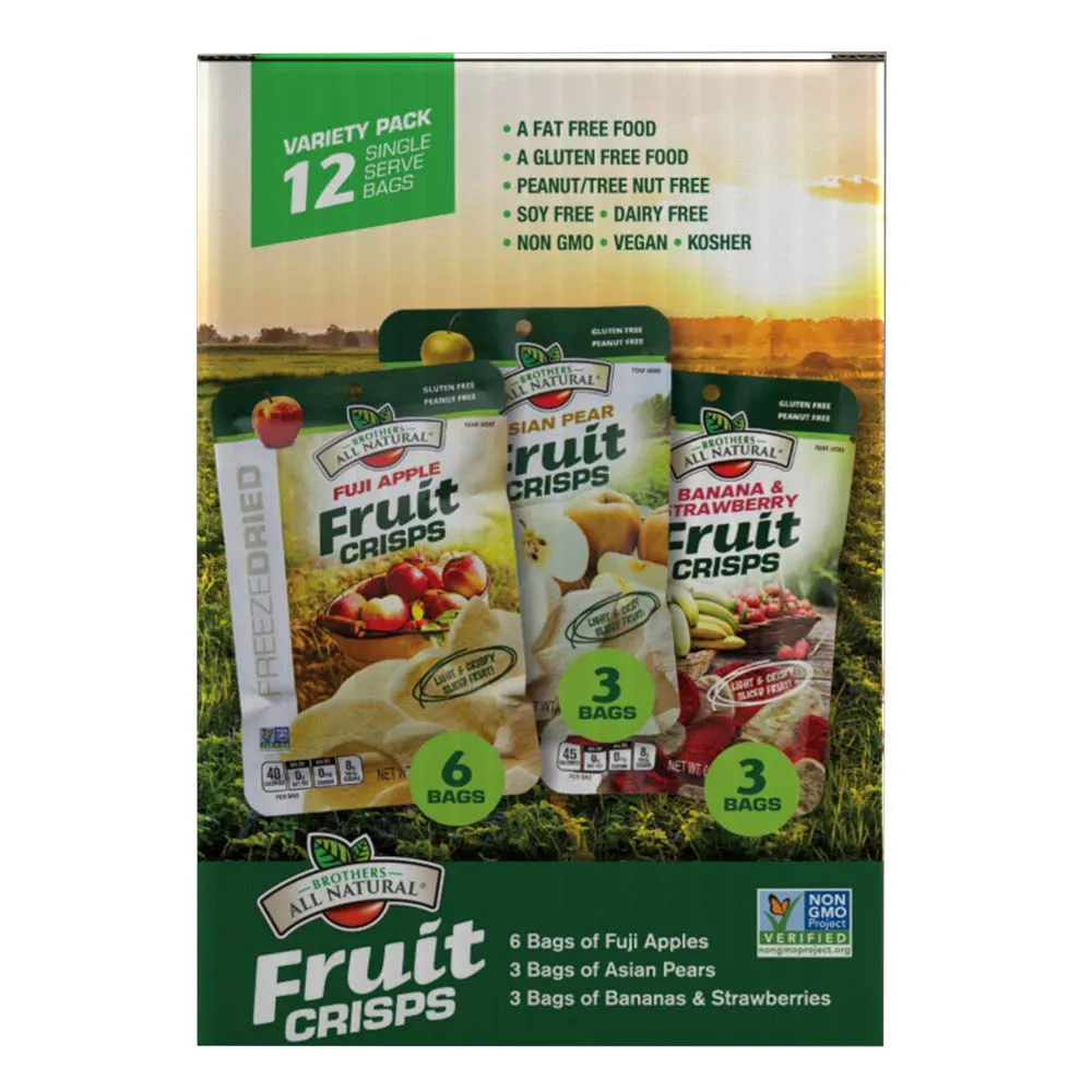 Brothers All Natural Freeze Dried Fruit Crisps, Variety Pack, 12 Single Serve Bags, Fuji Apple, Asian Pear, Banana Strawberry, Made with 100% Fruit, Gluten Free, Soy Free, Vegan, Heathy Snack