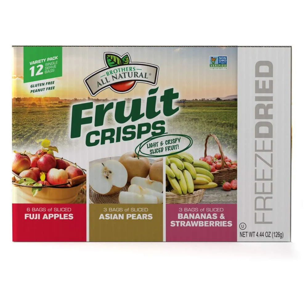 Brothers All Natural Freeze Dried Fruit Crisps, Variety Pack, 12 Single Serve Bags, Fuji Apple, Asian Pear, Banana Strawberry, Made with 100% Fruit, Gluten Free, Soy Free, Vegan, Heathy Snack