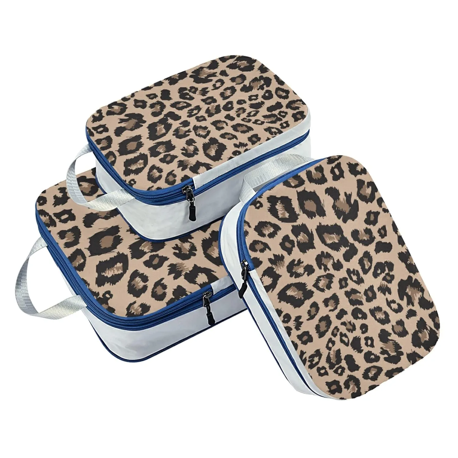 Brown Black Leopard Skin Print Animal Texture Seamless Pattern 3 Piece set Cubes Expandable Adjustable Luggage Packing Bags, Ultralight Organizer Accessories Travel Suitcase Compressible Bags
