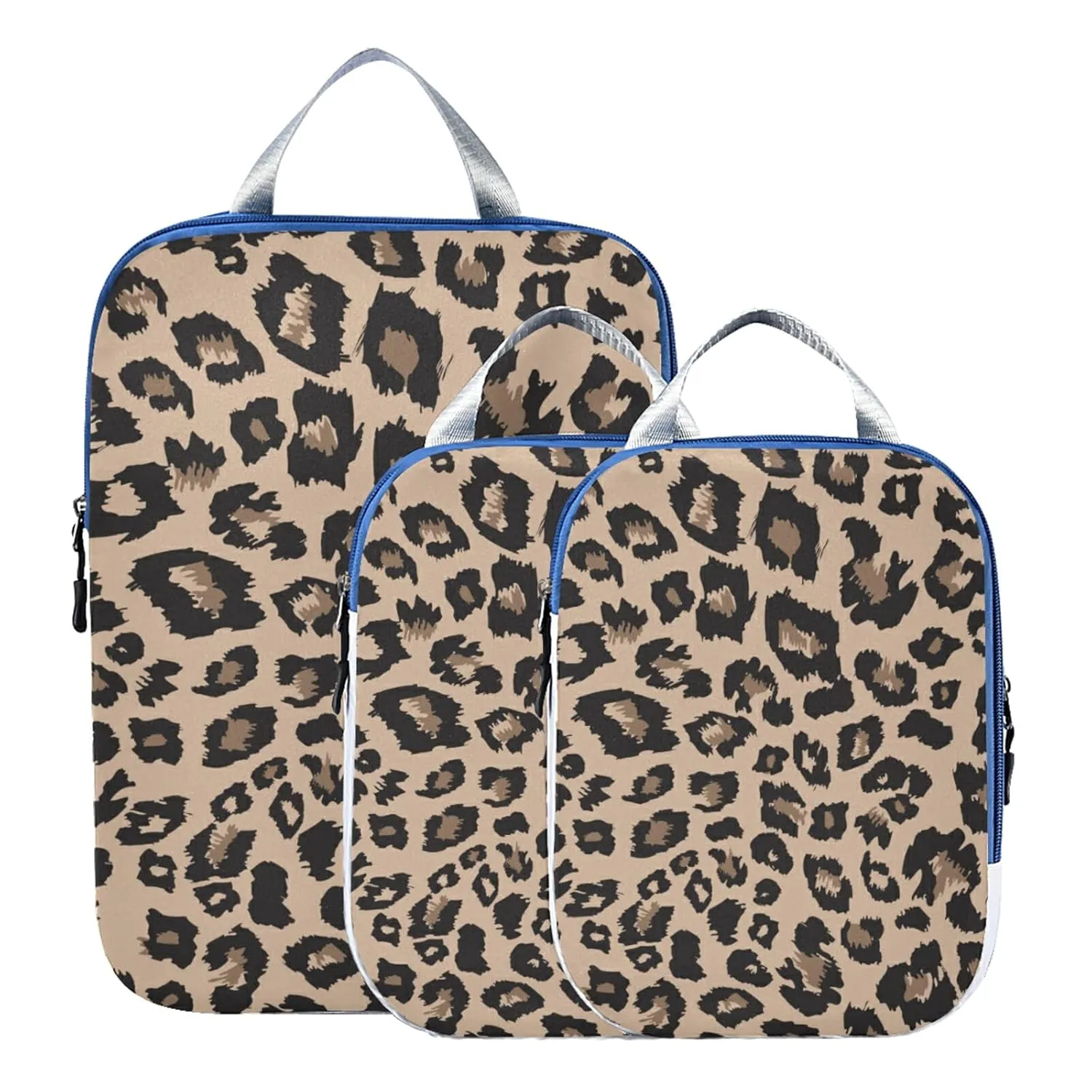 Brown Black Leopard Skin Print Animal Texture Seamless Pattern 3 Piece set Cubes Expandable Adjustable Luggage Packing Bags, Ultralight Organizer Accessories Travel Suitcase Compressible Bags