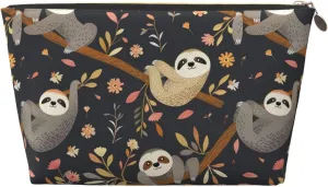 Brown Cute Sloth Tree Womens Travel Makeup Bags Leather Cosmetic Bags Toiletry Organizer Pouch With Zipper