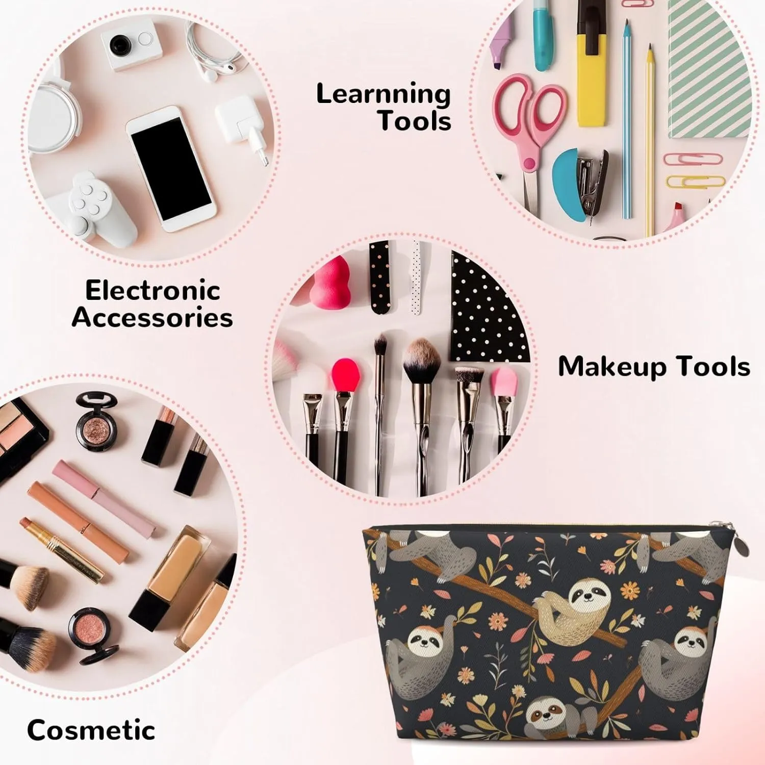 Brown Cute Sloth Tree Womens Travel Makeup Bags Leather Cosmetic Bags Toiletry Organizer Pouch With Zipper
