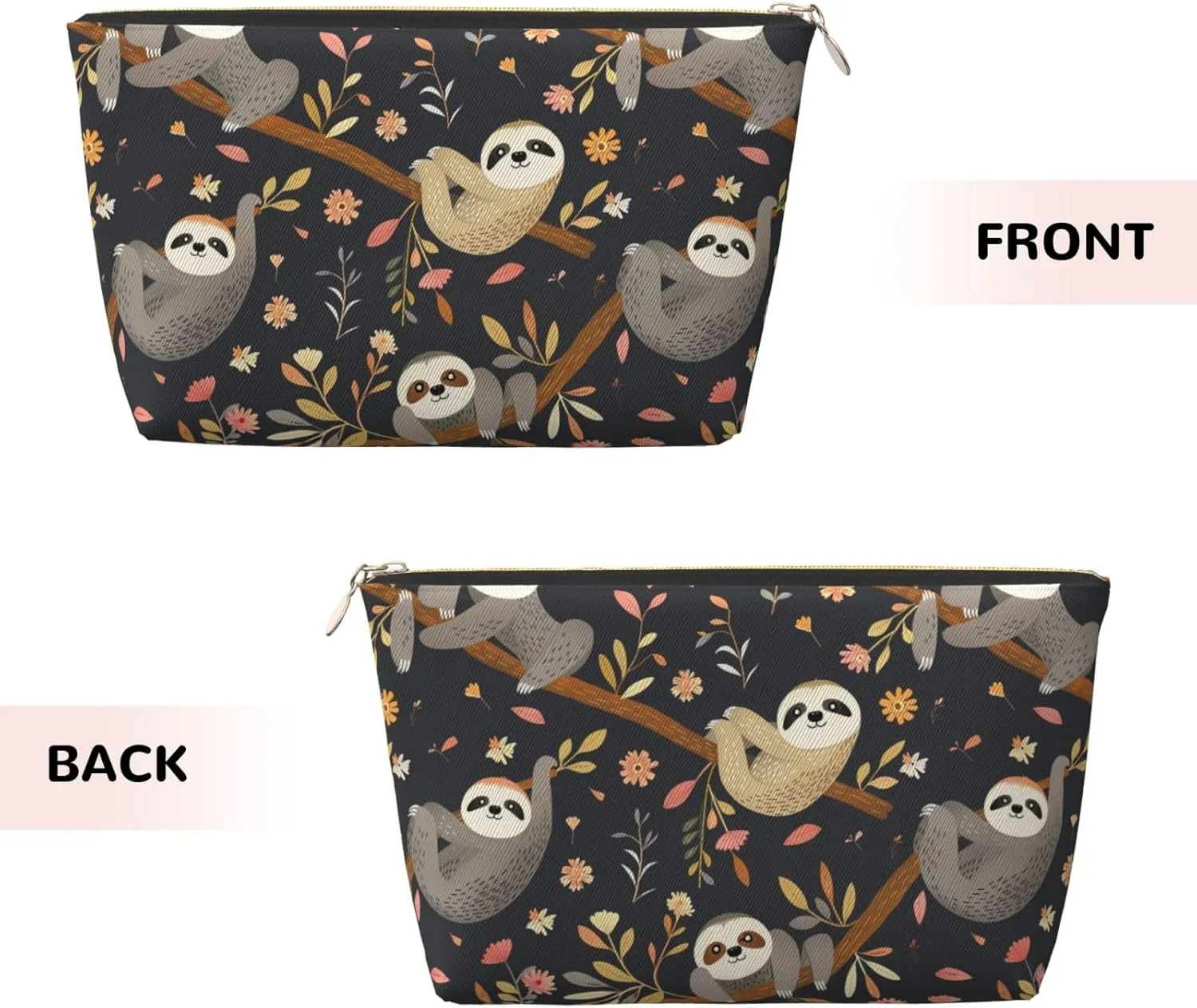 Brown Cute Sloth Tree Womens Travel Makeup Bags Leather Cosmetic Bags Toiletry Organizer Pouch With Zipper