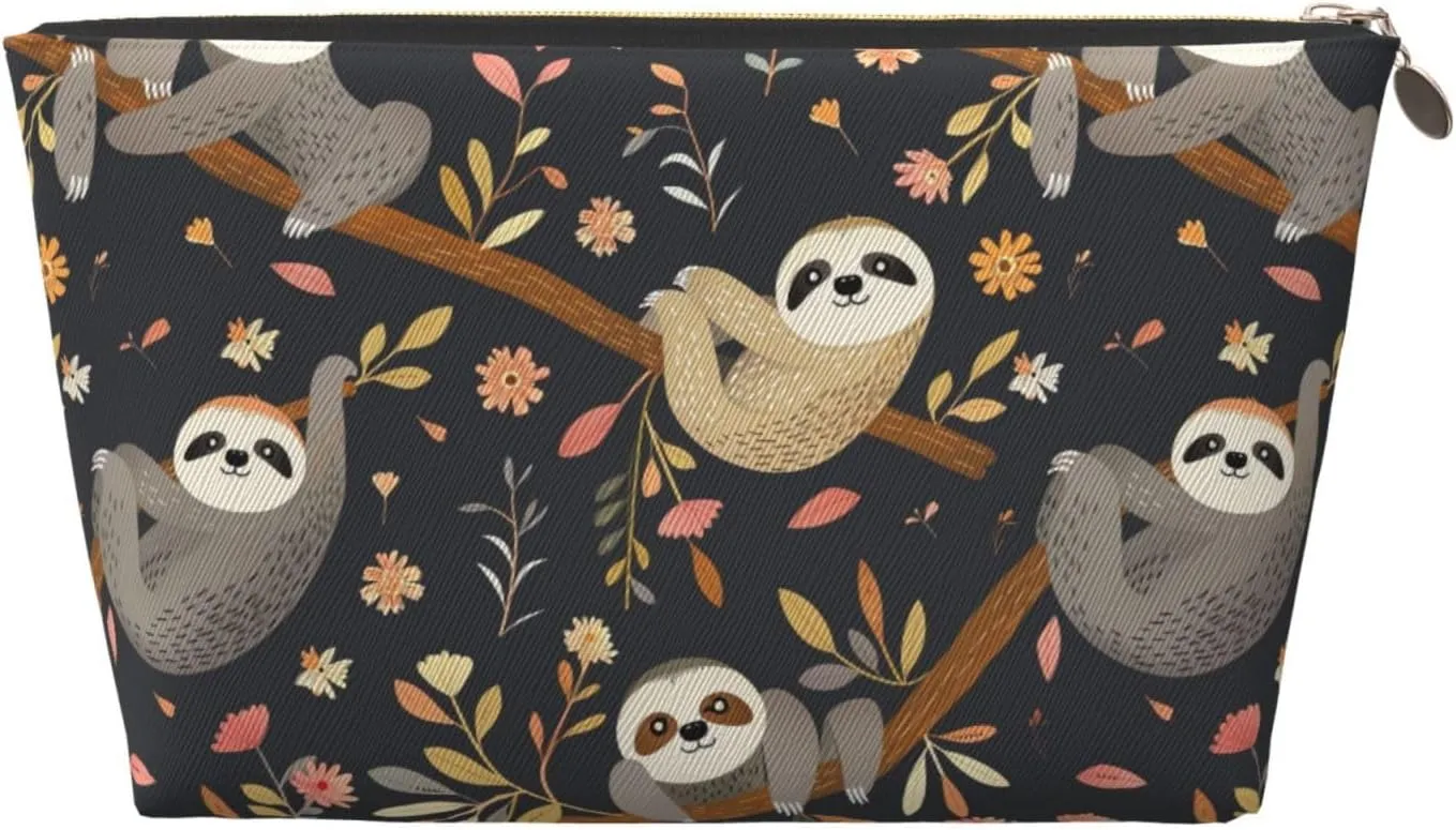 Brown Cute Sloth Tree Womens Travel Makeup Bags Leather Cosmetic Bags Toiletry Organizer Pouch With Zipper