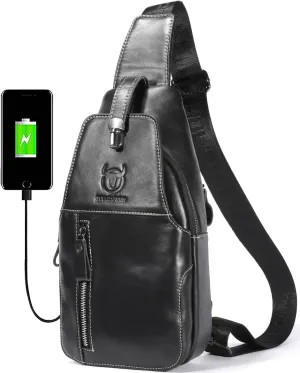 BULLCAPTAIN Genuine Leather Sling Bag Mens Crossbody Backpack Hiking Casual Daypack Shoulder Chest Bag with USB Charging Port