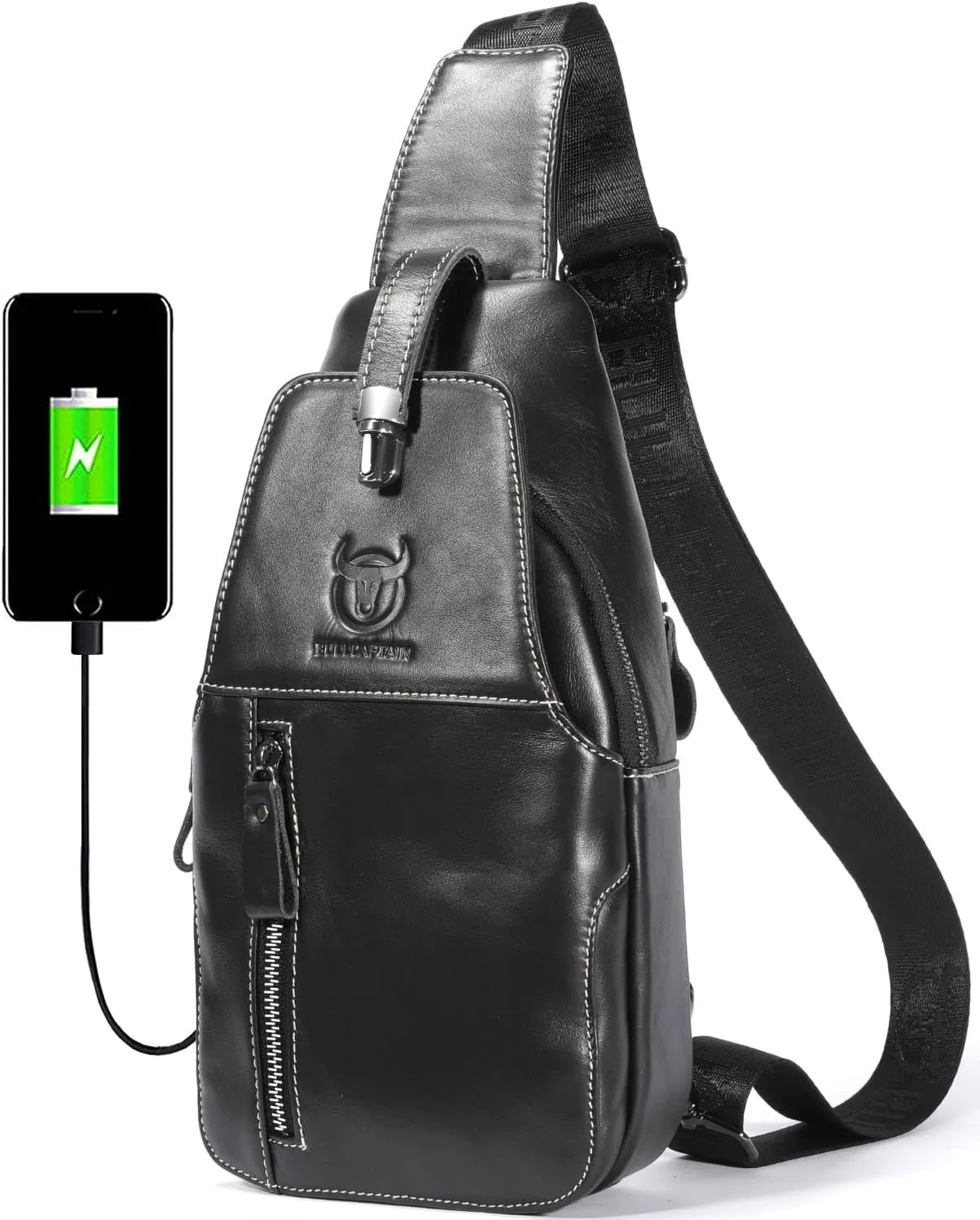 BULLCAPTAIN Genuine Leather Sling Bag Mens Crossbody Backpack Hiking Casual Daypack Shoulder Chest Bag with USB Charging Port