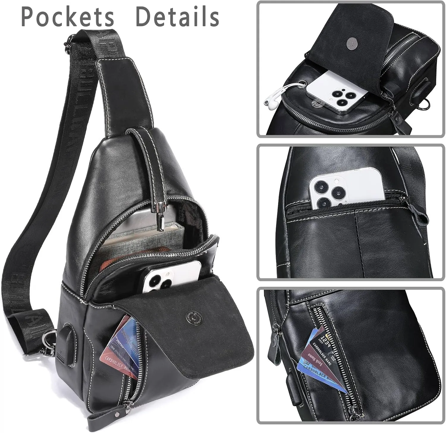 BULLCAPTAIN Genuine Leather Sling Bag Mens Crossbody Backpack Hiking Casual Daypack Shoulder Chest Bag with USB Charging Port