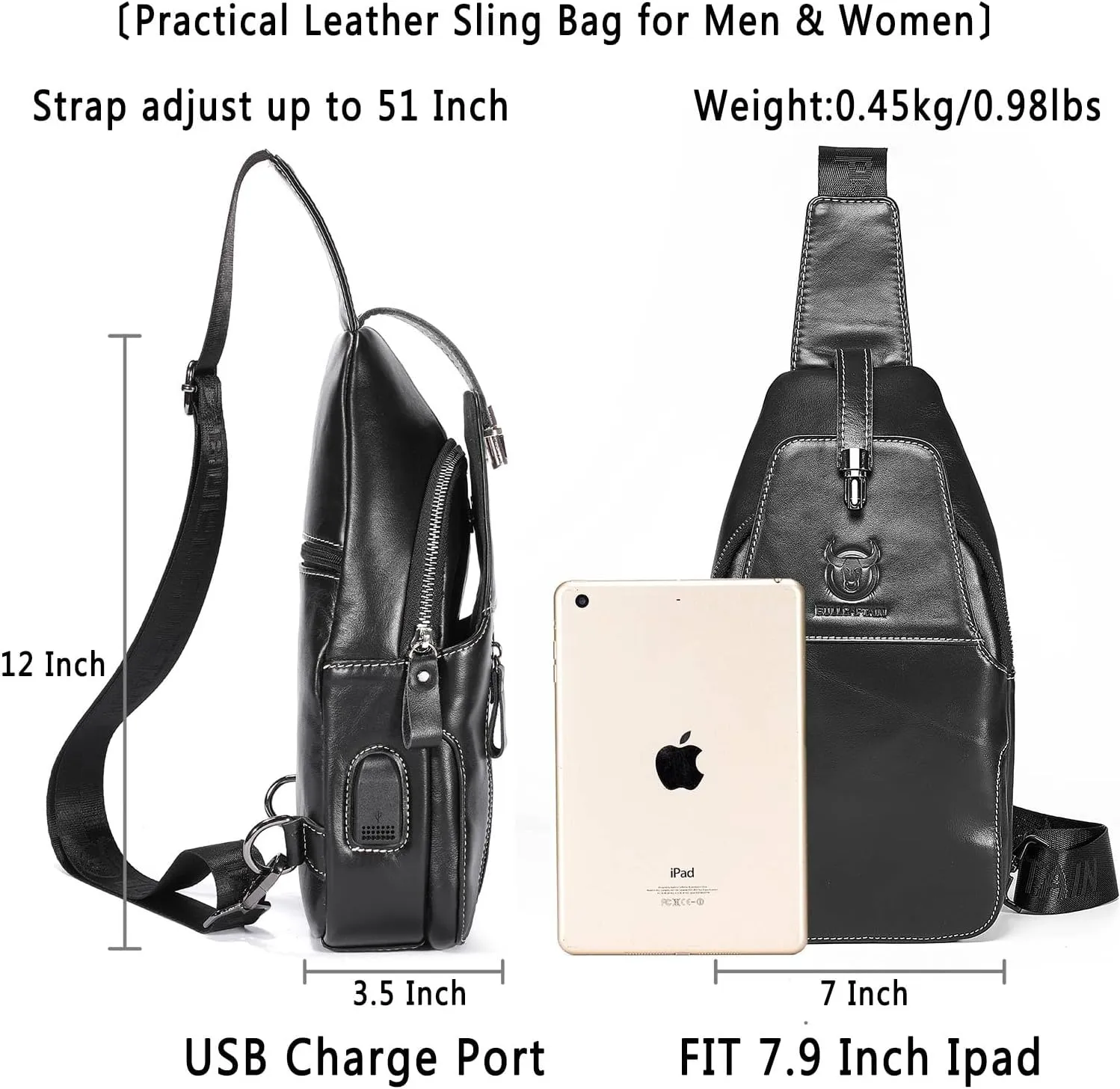 BULLCAPTAIN Genuine Leather Sling Bag Mens Crossbody Backpack Hiking Casual Daypack Shoulder Chest Bag with USB Charging Port