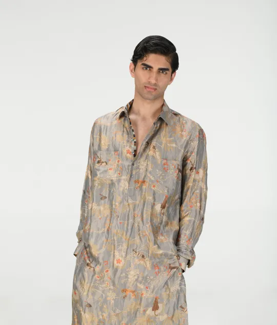 Bullet Kurta Silk Brocade Monsoon Cloud