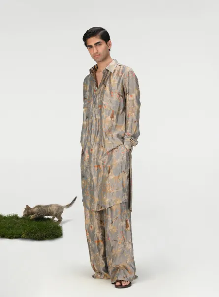 Bullet Kurta Silk Brocade Monsoon Cloud