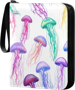 Burbuja Colorful Jellyfishes Card Binder, 4 Pockets Trading Card Binder, Portable Card Albums Fits 400 Cards with 50 Removable Sleeves for Sport Cards Game Cards