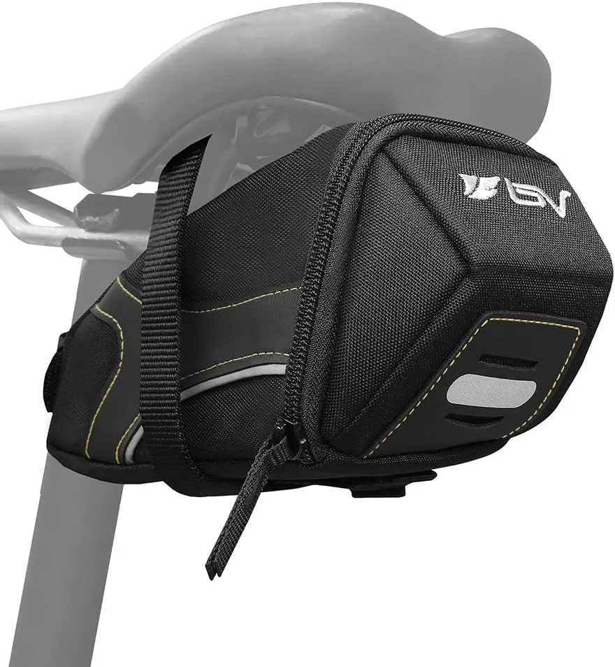 BV Strap-On Bike Bag with Reflective Material - Capacious Saddle Bag with Seperate Divider for Small Items & Room for All Your Essentials - Bike Pouch with Taillight Hanger for Maximum Safety