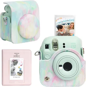 CAIYOULE Protective Camera Case for Instax Mini 12 Instant Camera Fuji Mini 12 Case PU Leather Carrying Bag with Adjustable Shoulder Strap & 64 Pockets Photo Album - Dream Bubble
