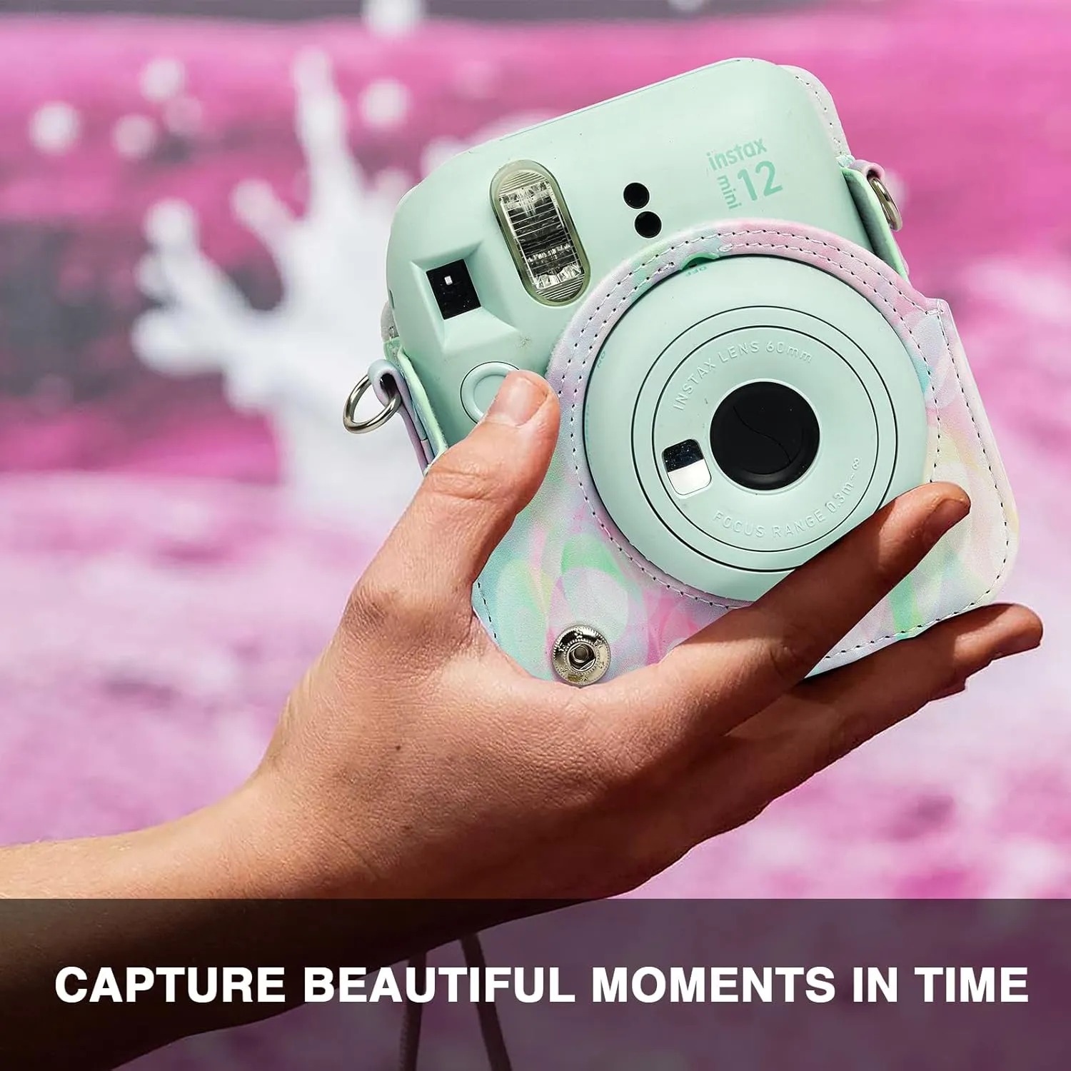 CAIYOULE Protective Camera Case for Instax Mini 12 Instant Camera Fuji Mini 12 Case PU Leather Carrying Bag with Adjustable Shoulder Strap & 64 Pockets Photo Album - Dream Bubble