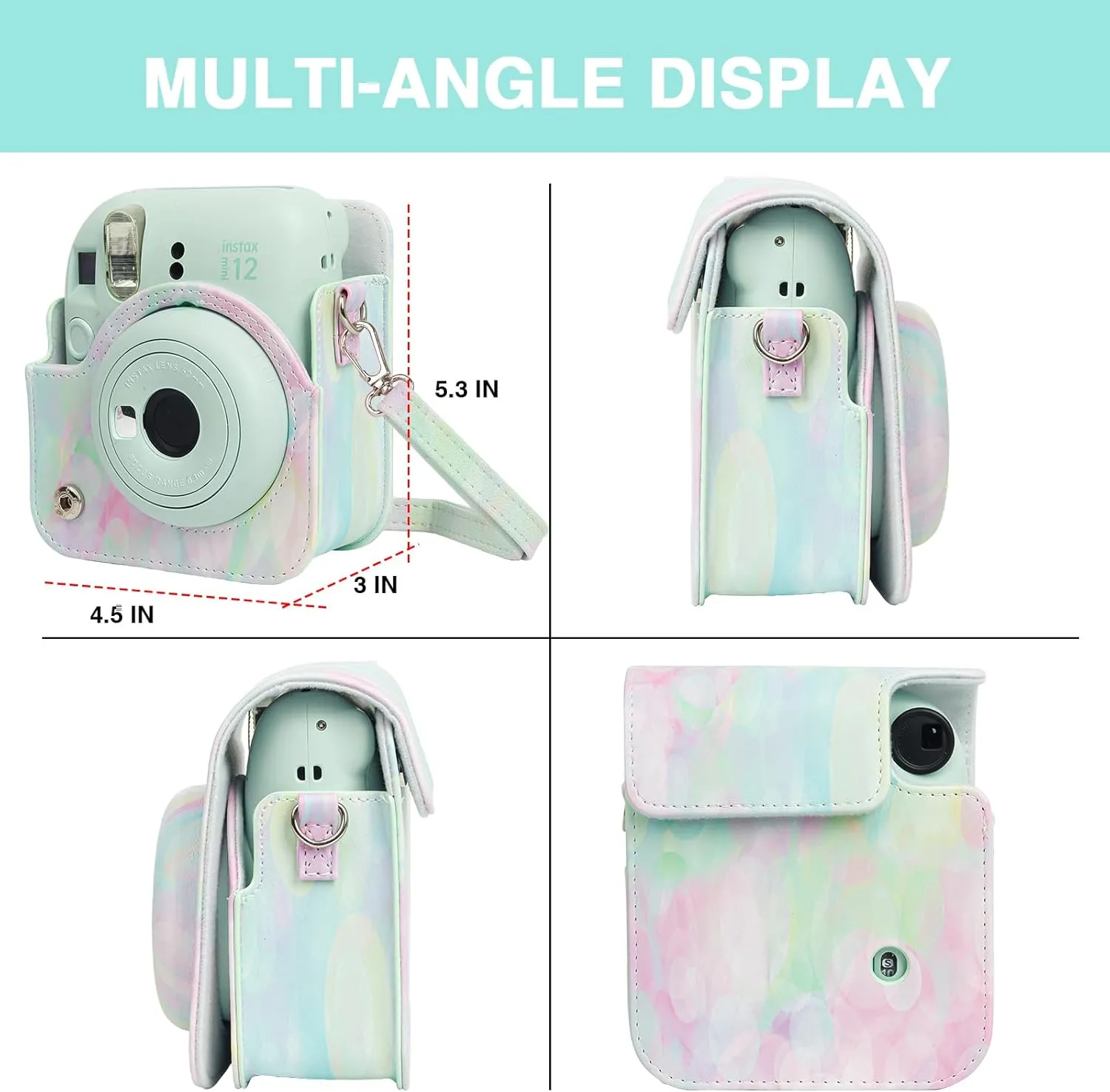 CAIYOULE Protective Camera Case for Instax Mini 12 Instant Camera Fuji Mini 12 Case PU Leather Carrying Bag with Adjustable Shoulder Strap & 64 Pockets Photo Album - Dream Bubble