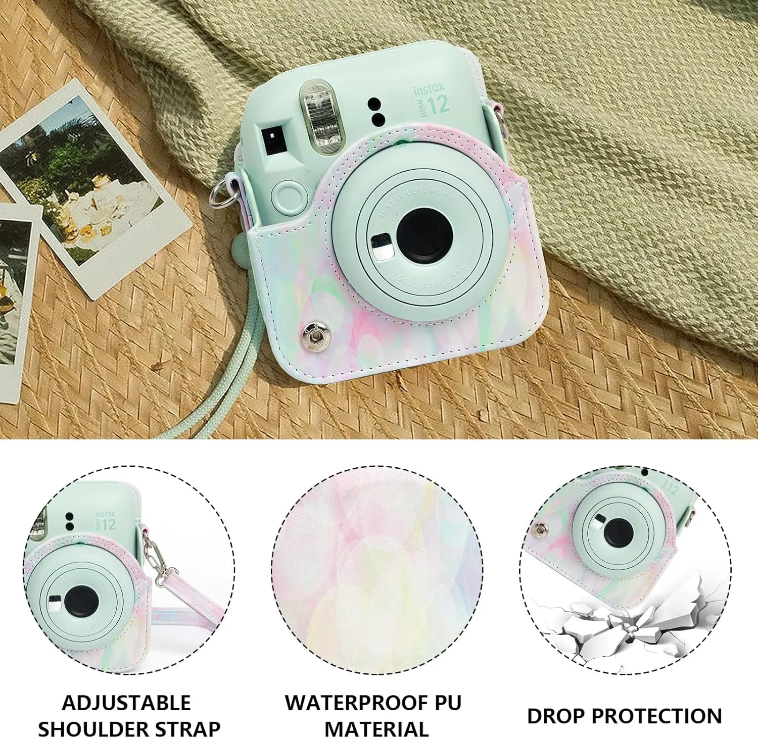 CAIYOULE Protective Camera Case for Instax Mini 12 Instant Camera Fuji Mini 12 Case PU Leather Carrying Bag with Adjustable Shoulder Strap & 64 Pockets Photo Album - Dream Bubble