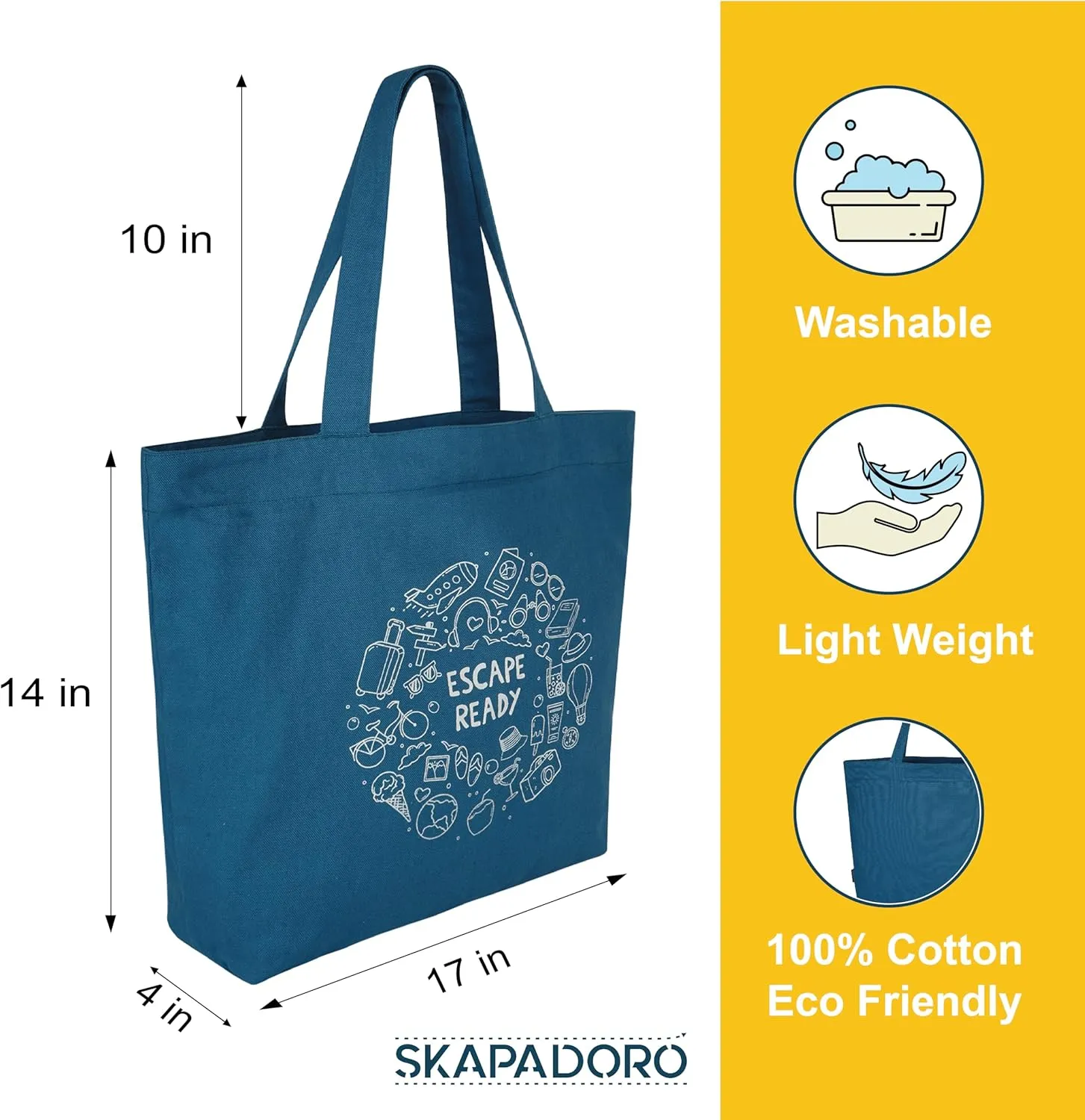 Canvas Big Zip Printed Handbag Tote, Cotton, Inner Pocket, Ecofriendly Bags for Women, Shopping Bag, Easy to Wash