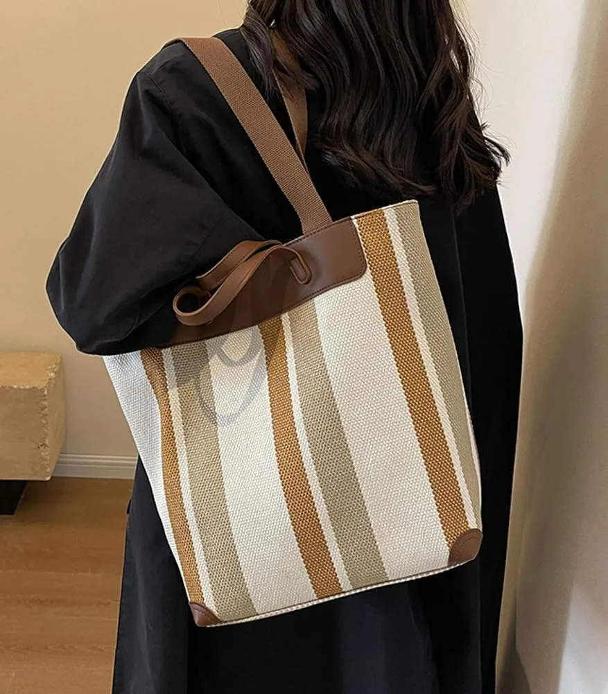 Canvas Crossbody Bags for Women Large Canvas Tote Bags With Zipper Stripes Pattern Shoulder Shopping Handbags