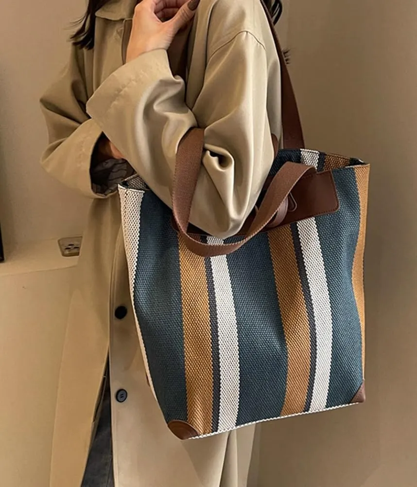 Canvas Crossbody Bags for Women Large Canvas Tote Bags With Zipper Stripes Pattern Shoulder Shopping Handbags