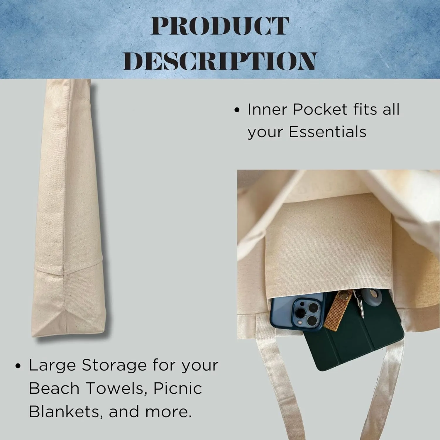 Canvas Tote Bag for Women, Large Tote Bag Aesthetic, Shoulder Tote Bag with Inner Pocket, Reusable Grocery Bag