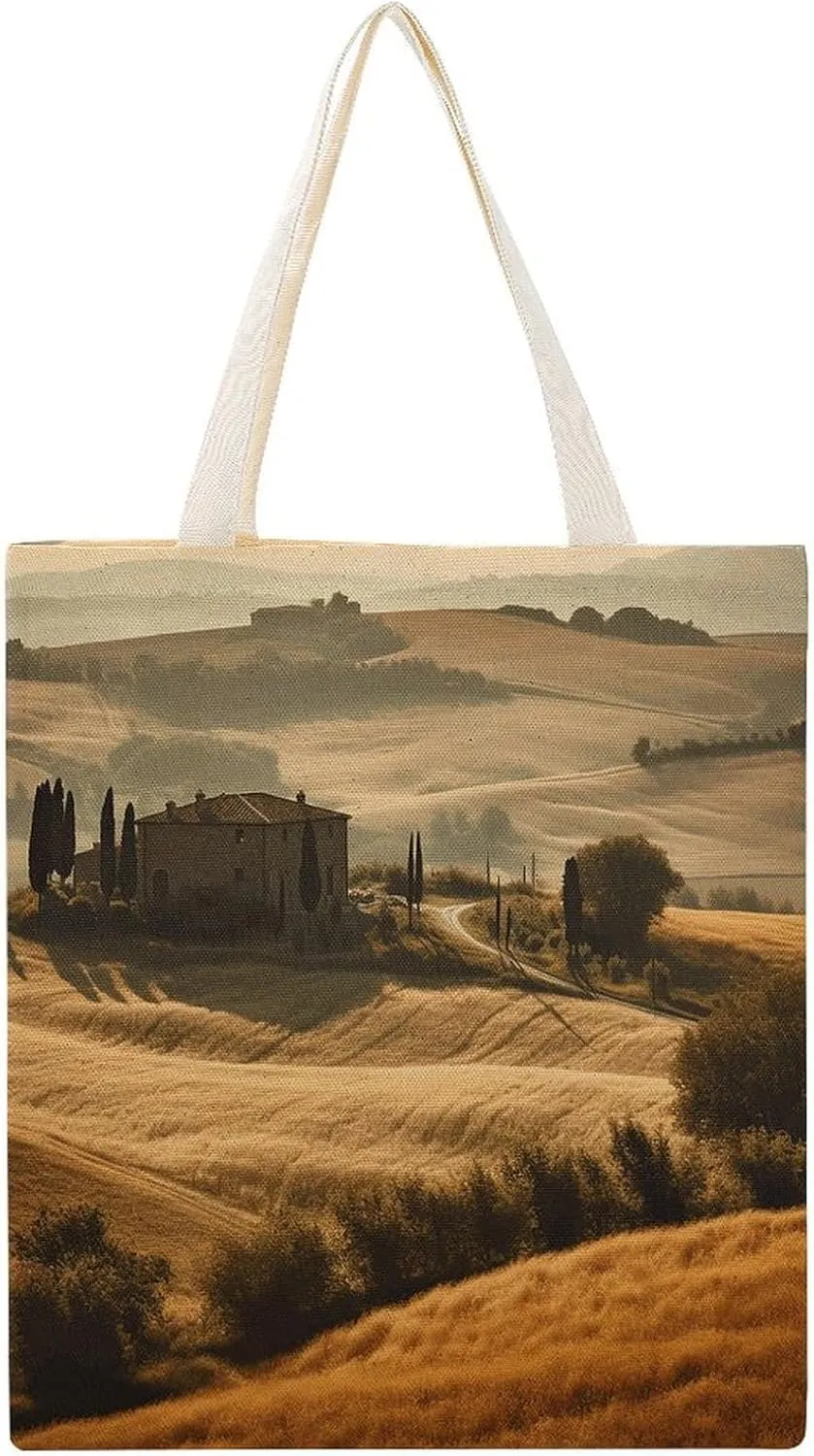 Canvas Tote Bag, View of Typical Tuscany Landscape Print Canvas Shoulder Bag Trendy Tote Bag All-purpose Tote Bag Reusable Market Bag