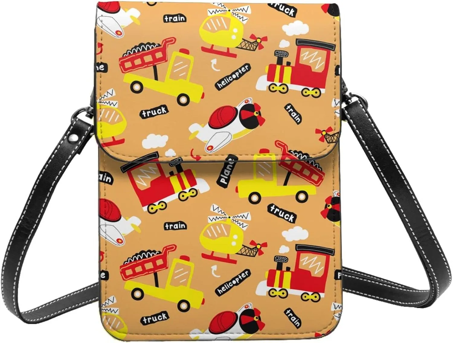 cartoon airplane helicopter train orange Crossbody Cell Phone Purse for Women Girls Leather Mini Cross Body Bags Small Shoulder Bags