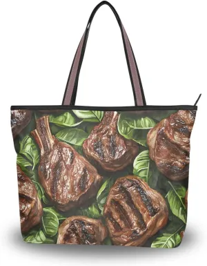 Cartoon Beef Women Tote Bag Purse Reusable Grocery Handbag Bags with Zipper Large