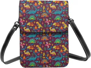 cartoon dinosaurs and flowers colourful Crossbody Cell Phone Purse for Women Girls Leather Mini Cross Body Bags Small Shoulder Bags