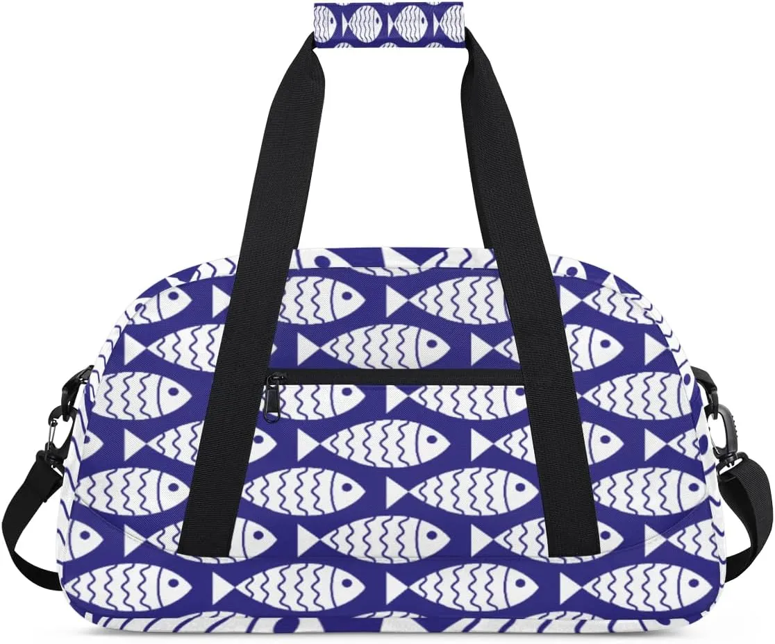 Cartoon Fish Gym Duffel Bag for Men Women Striped Pattern Sports Tote Bag with Adjustable Shoulder Strap for Dance Gymnastics Traveling Outdoor Camping Overnight Stay