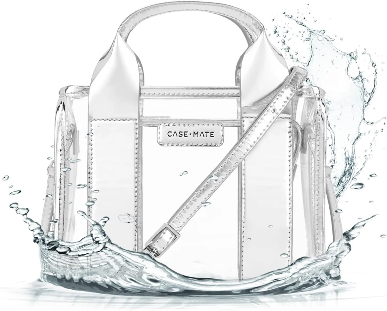 Case-Mate Micro Tote Bag for Women - Silver Chrome/Clear Mini Purse with Jacquard Crossbody Strap - Stadium Approved Small Handbag - Water-Resistant Tote Bag for Keys, Phone, Wallet and Sunglasses