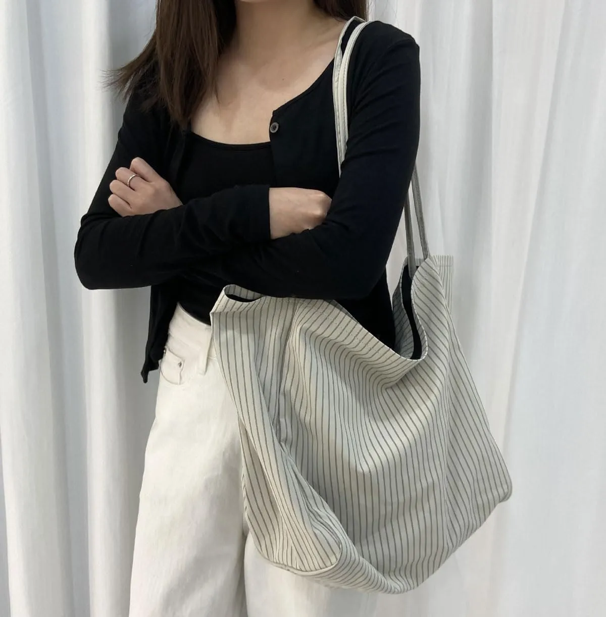 Casual Striped Large Tote Bag for Women Reusable Grocery Shopping Shoulder Bags Beach Work, Off White