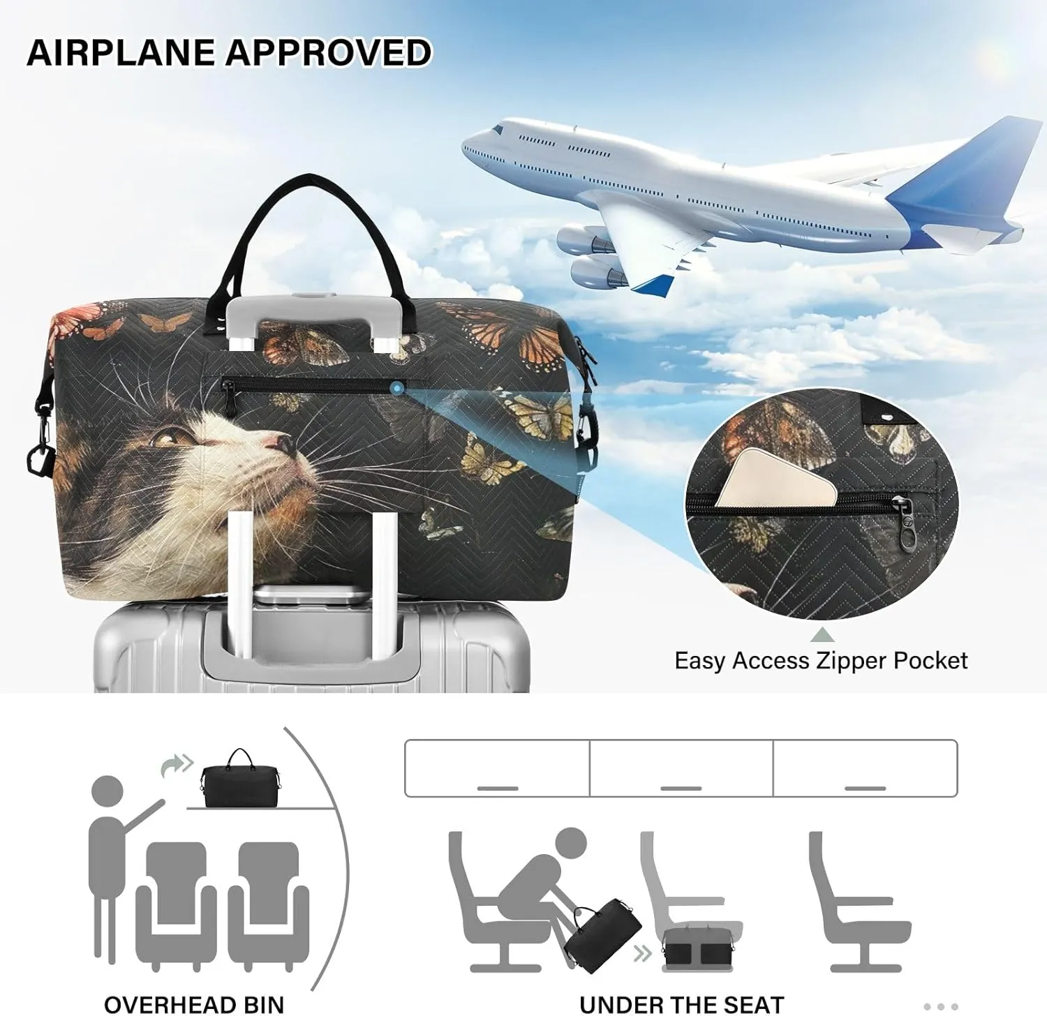 Cat and Butterflies on Dark Duffel Carry on Bag Women Duffle Bag for Travel Large Gym Bags for Women Weekender Duffle Bag Women