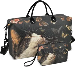 Cat and Butterflies on Dark Duffel Carry on Bag Women Duffle Bag for Travel Large Gym Bags for Women Weekender Duffle Bag Women