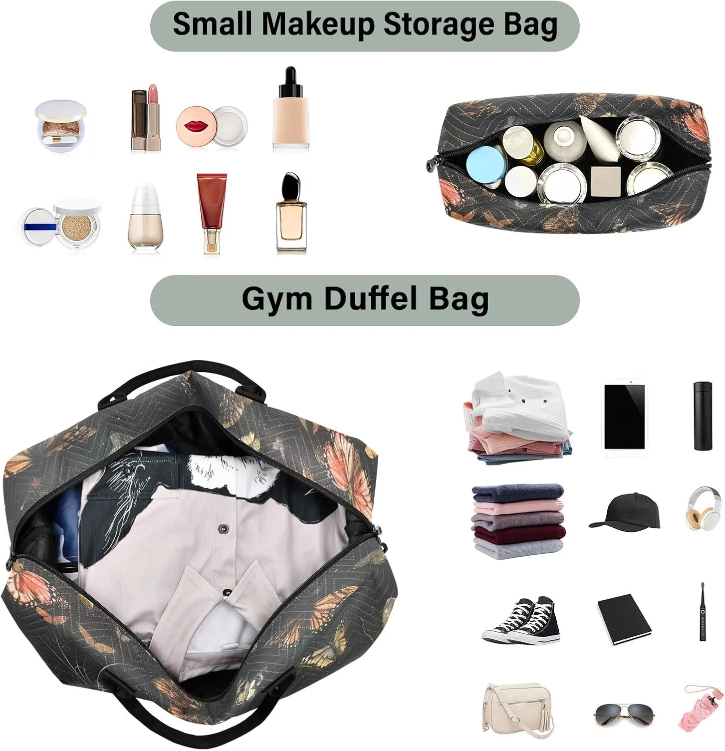 Cat and Butterflies on Dark Duffel Carry on Bag Women Duffle Bag for Travel Large Gym Bags for Women Weekender Duffle Bag Women