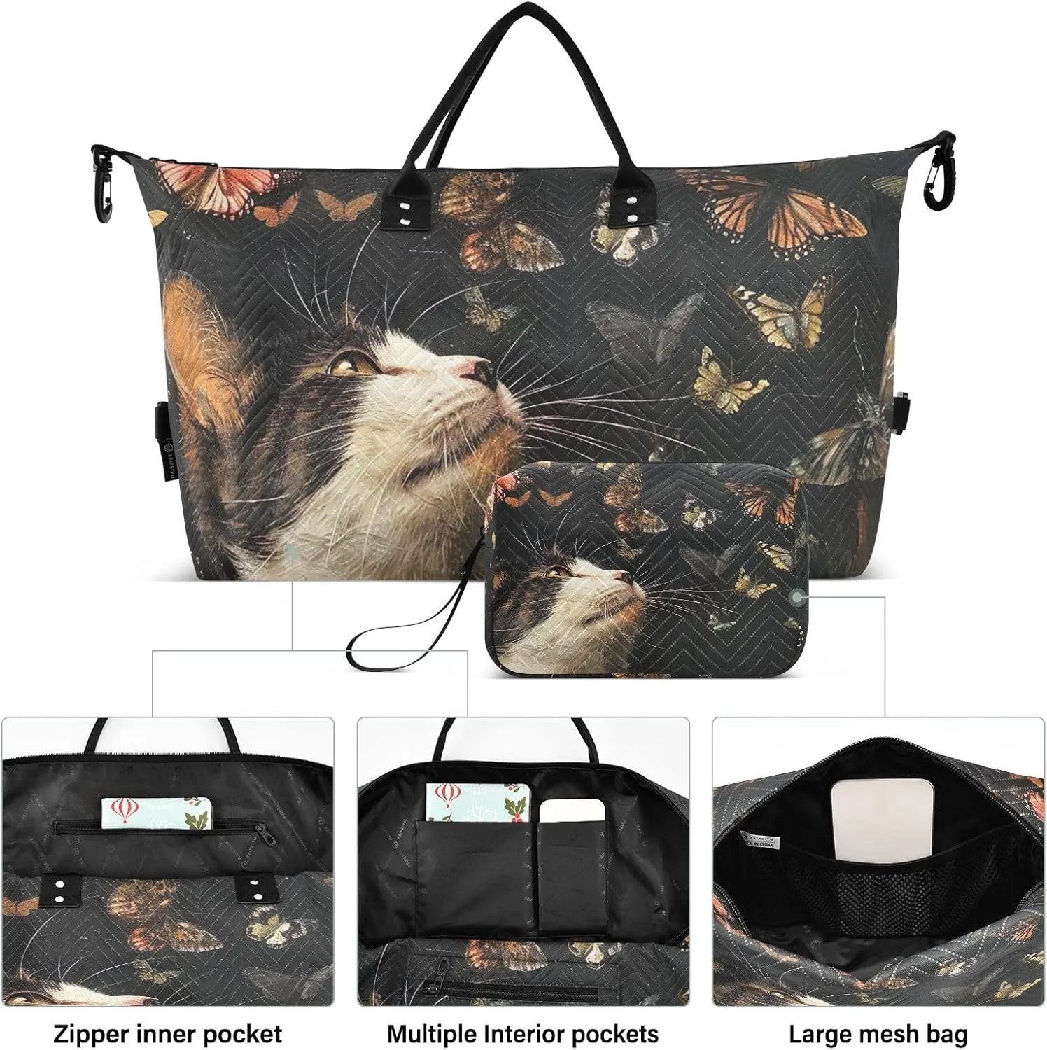 Cat and Butterflies on Dark Duffel Carry on Bag Women Duffle Bag for Travel Large Gym Bags for Women Weekender Duffle Bag Women
